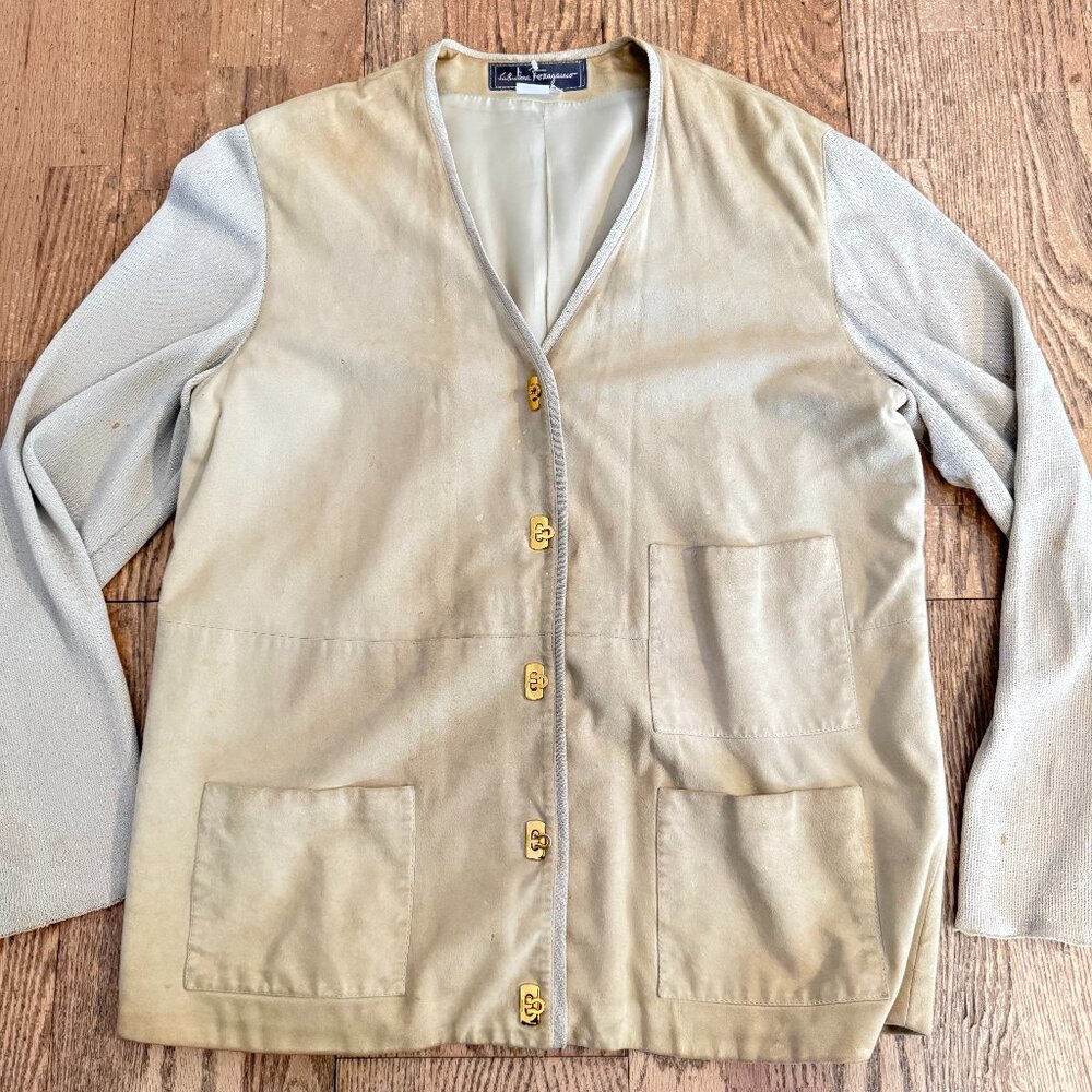 AUTHENTIC SALVATORE FERRAGAMO SUEDE KNIT CARDIGAN WOMENS LIGHT GREEN SIZE 46